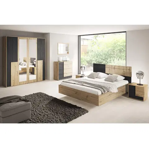 Spálňové zostavy Spálňová zostava (posteľ+2x nočný stolík+skriňa), dub artisan/čierna borovica nórska, BAFRA