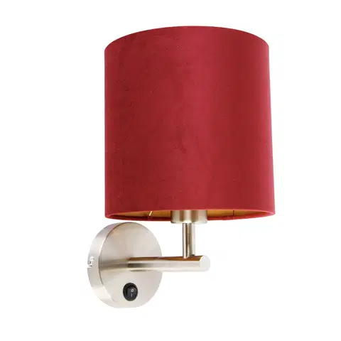 Nastenne lampy Elegantné nástenné svietidlo oceľové s tienidlom červeného zamatu - matné