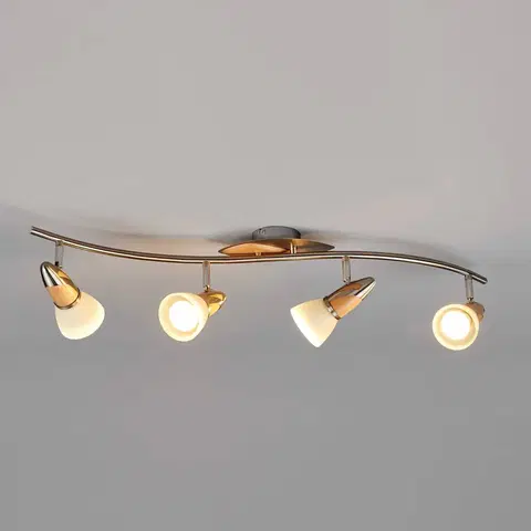 Bodové svetlá Lindby Stropné svietidlo Lindby Marena, 4 svetlá, sklo, drevo, dĺžka 83 cm