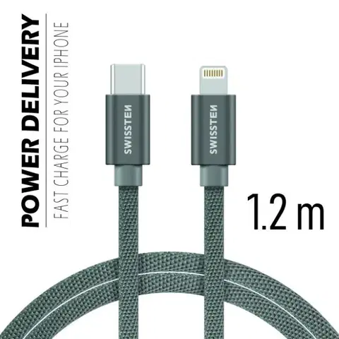 USB káble Dátový kábel Swissten textilný s USB-C, Lightning konektormi a podporou rýchlonabíjania, sivý 71525202