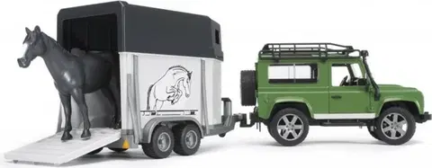 Hračky - dopravné stroje a traktory BRUDER - 02592 Land Rover Defender s prepravníkom na koňa a koníkom