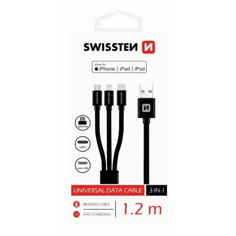 USB káble Dátový kábel Swissten textilný 3 v 1 a s podporou rýchlonabíjania, čierny 72501101
