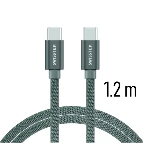 USB káble Dátový kábel Swissten textilný s USB-C konektormi a podporou rýchlonabíjania, sivý 71527202