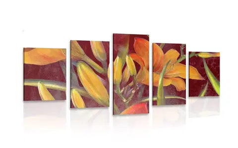 Obrazy kvetov 5-dielny obraz prebudenie oranžovej ľalie