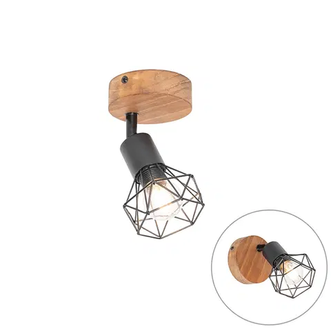 Nastenne lampy Industriálne bodové čierne s drevom otočné a sklopné - Mosh