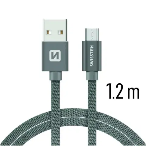 USB káble Dátový kábel Swissten textilný s Micro-USB konektorom a podporou rýchlonabíjania, sivý 71522202