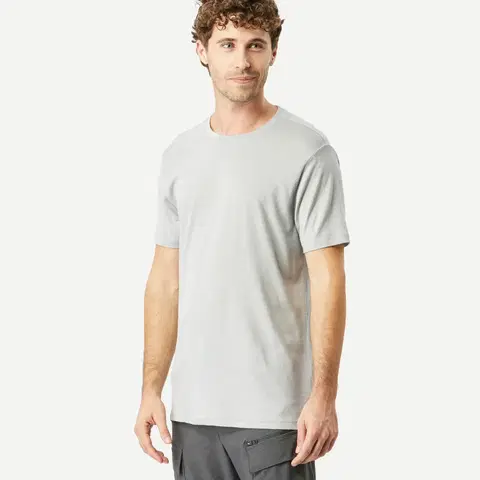 turistic Pánske trekingové tričko Travel 500 s krátkym rukávom z vlny merino sivé