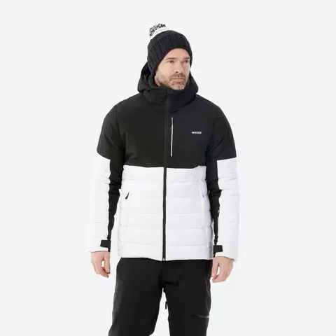 bundy a vesty Pánska hrejivá lyžiarska bunda 100 stredne dlhá bielo-čierna