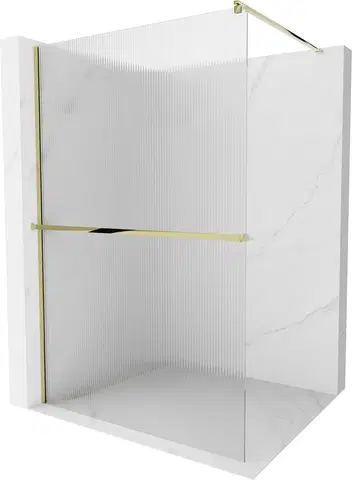 Sprchové dvere MEXEN/S - Kioto+ Sprchová zástena WALK-IN s poličkou a držiakom uterákov 70 x 200, prúžky 8 mm, zlatá 800-070-121-50-09