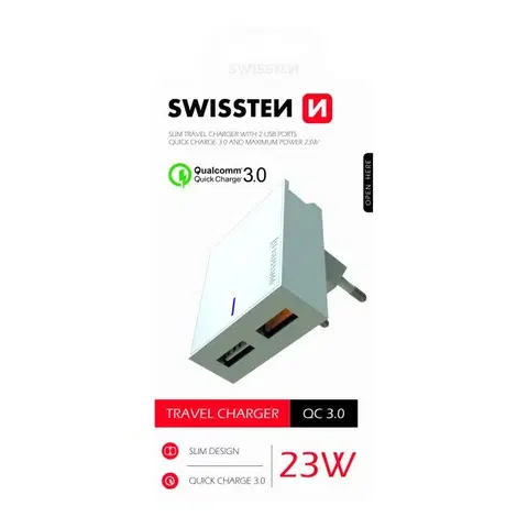 Nabíjačky pre mobilné telefóny Rýchlonabíjačka Swissten Qualcomm Charger 3.0 s 2 USB konektormi, 23W, biela 22049600