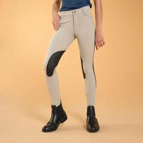 nohavice Detské jazdecké nohavice - rajtky s kolennými nášivkami z ľahkej sieťoviny 500 béžové