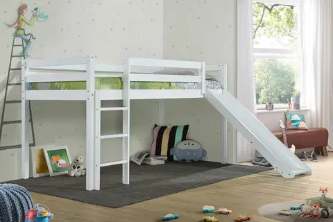 Poschodové postele Vyvýšená detská posteľ so šmykľavkou SLIDE 90, biela