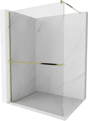 Sprchové dvere MEXEN/S - Kioto+ Sprchová zástena WALK-IN s poličkou a držiakom uterákov 75 x 200, transparent, zlatá 800-075-121-50-00