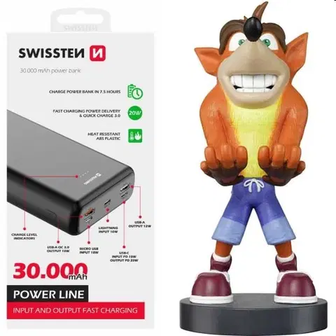 Powerbanky Swissten Power Line powerbanka 30000 mAh 20 W, PD, čierna a Cable Guy Crash Bandicoot Trilogy (Crash Bandicoot) 