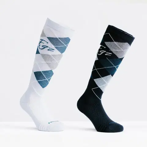 ponožky Jazdecké podkolienky 500 s grafickým motívom bledofialové a tmavomodré 2 páry