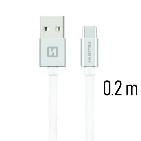 Dáta príslušenstvo Dátový kábel Swissten textilný s USB-C konektorom a podporou rýchlonabíjania, Silver 71521103